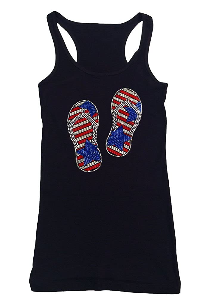 Womens T-shirt with 4th of July Vacation Sandals in Rhinestones