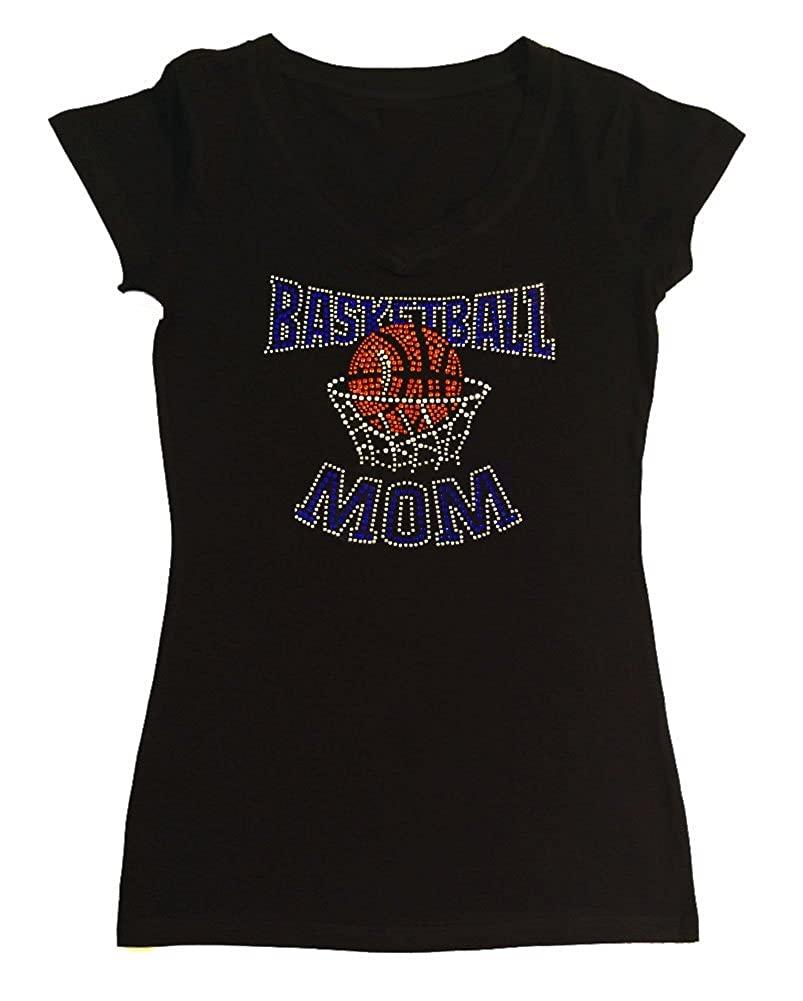 Womens T-shirt with Blue Basketball Mom in Rhinestones