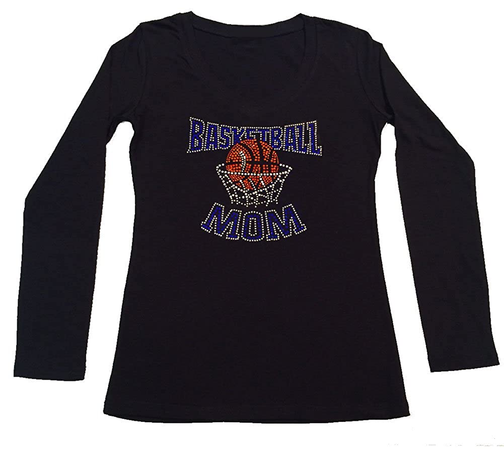 Womens T-shirt with Blue Basketball Mom in Rhinestones