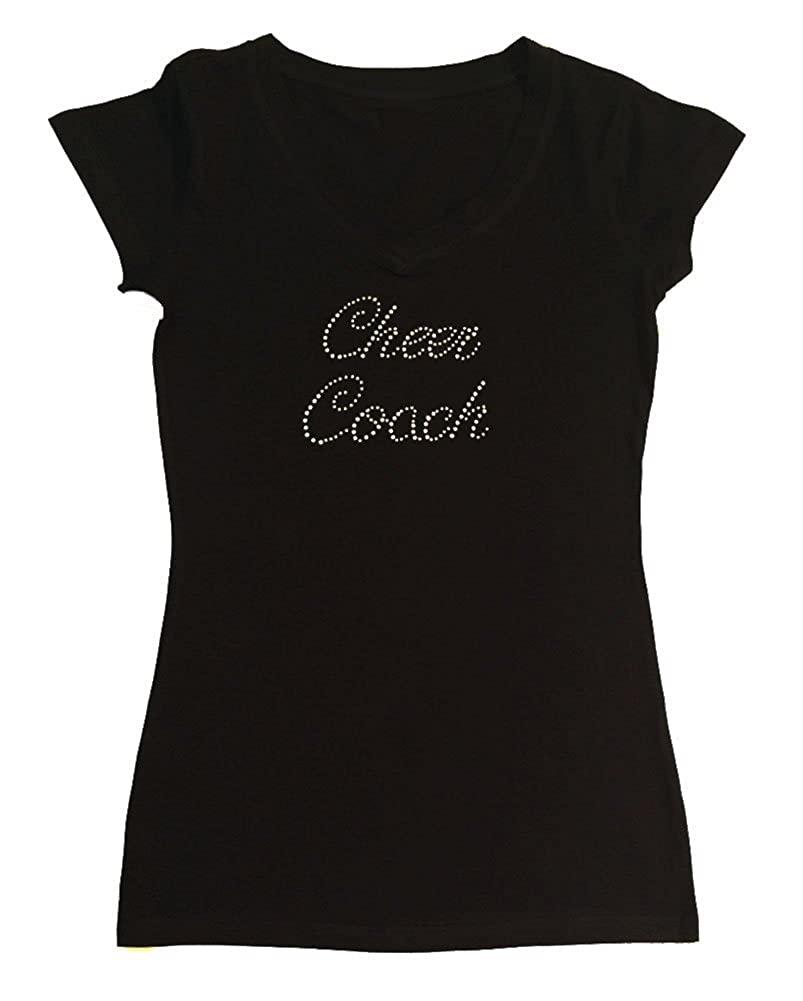 Womens T-shirt with Cheer Coach in Script in Rhinestones