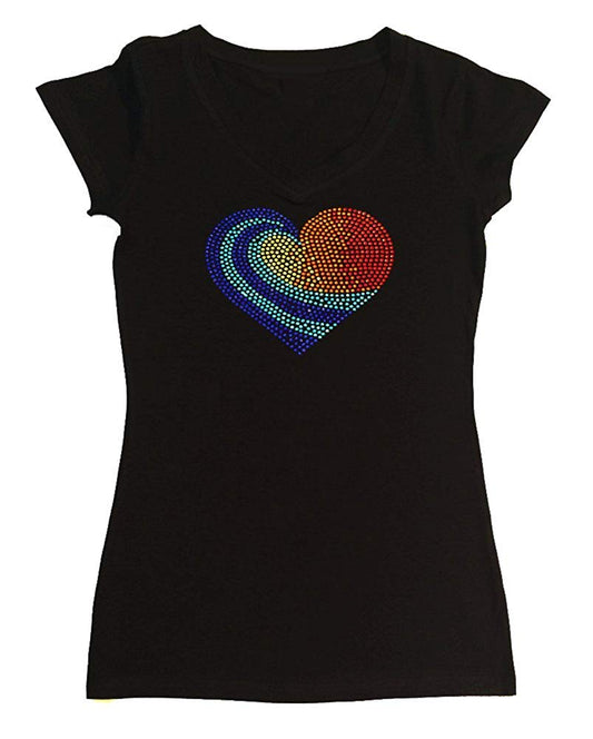 Womens T-shirt with Colorful Heart in Rhinestuds
