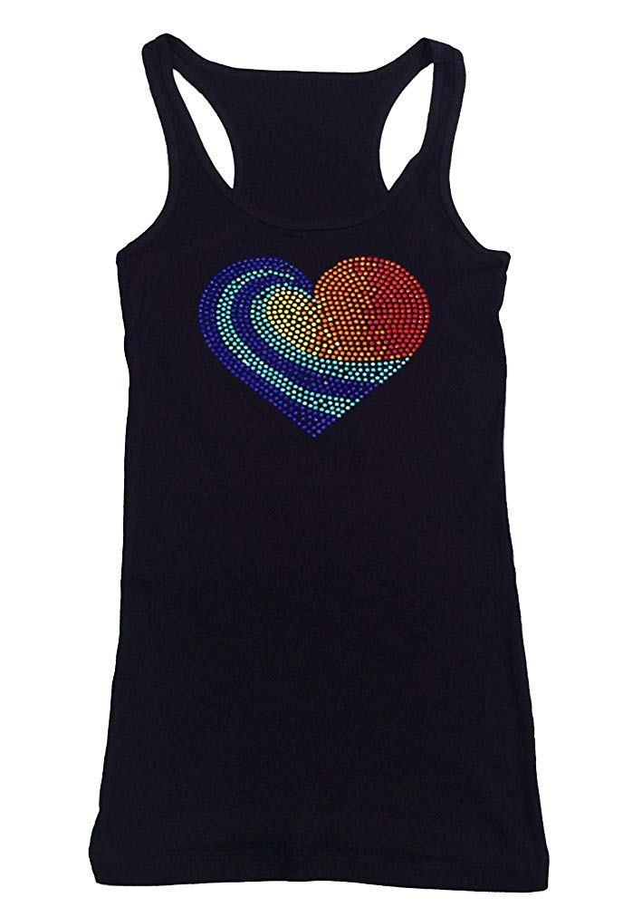Womens T-shirt with Colorful Heart in Rhinestuds
