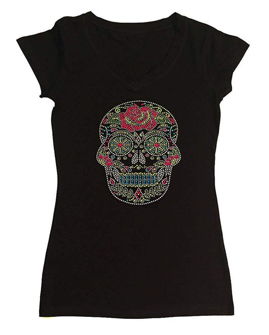 Womens T-shirt with Colorful Sugar Skull with Rose in Rhinestuds