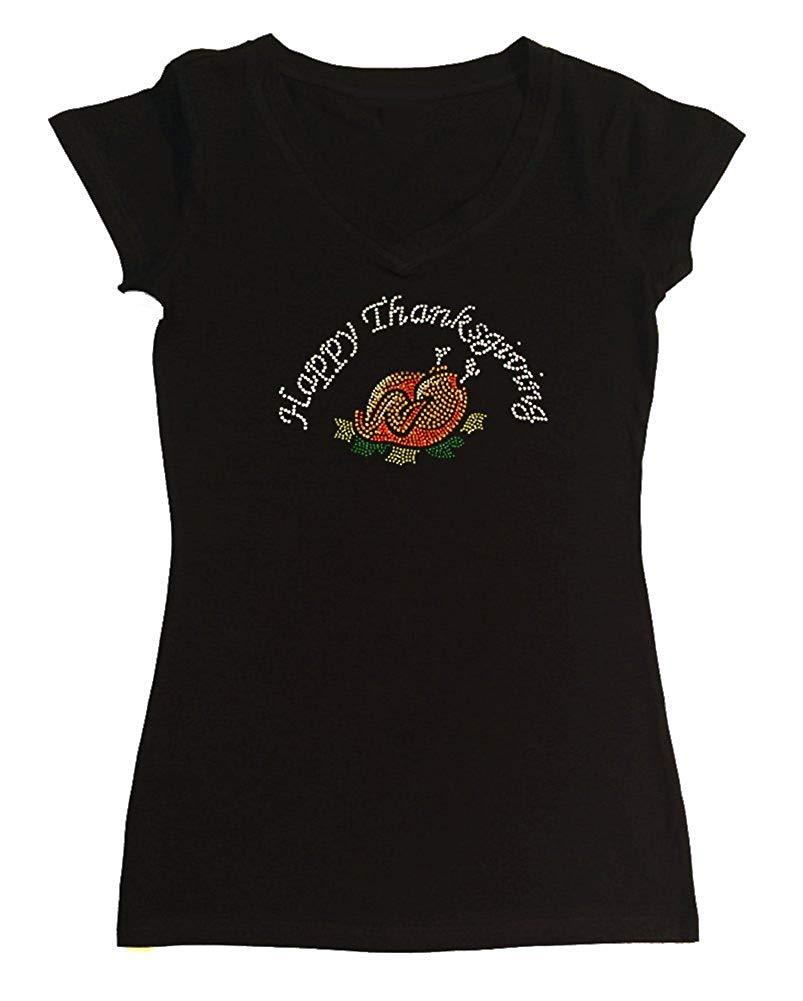 Womens T-shirt with Cooked Happy Thanksgiving in Rhinestones