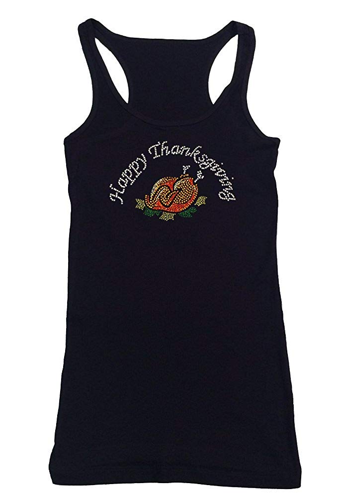 Womens T-shirt with Cooked Happy Thanksgiving in Rhinestones