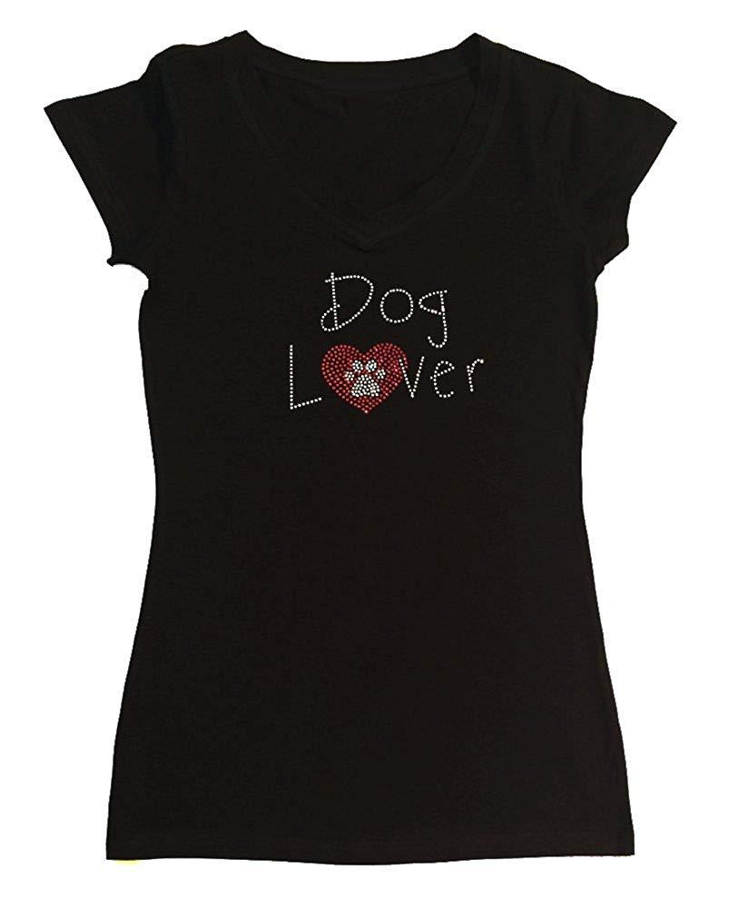Womens T-shirt with Dog Lover with Heart and Paw in Rhinestones