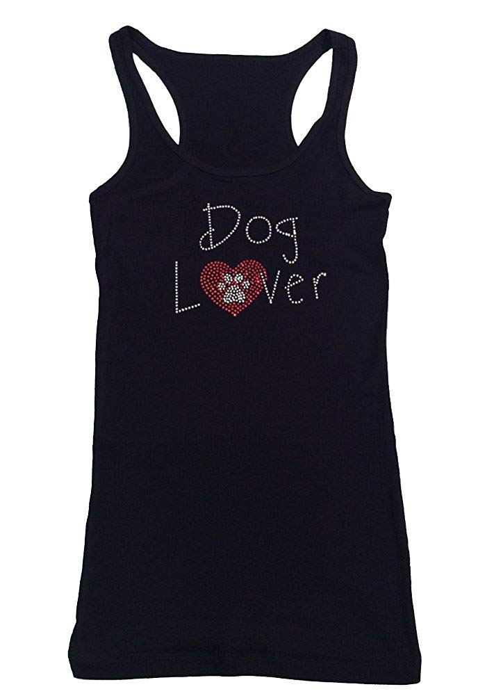 Womens T-shirt with Dog Lover with Heart and Paw in Rhinestones
