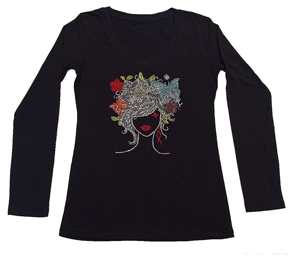 Womens T-shirt with Girl with Colorful Butterflies in Rhinestones