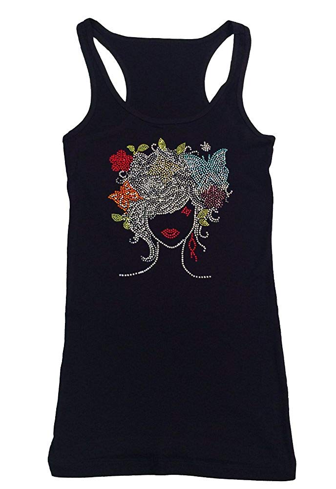 Womens T-shirt with Girl with Colorful Butterflies in Rhinestones