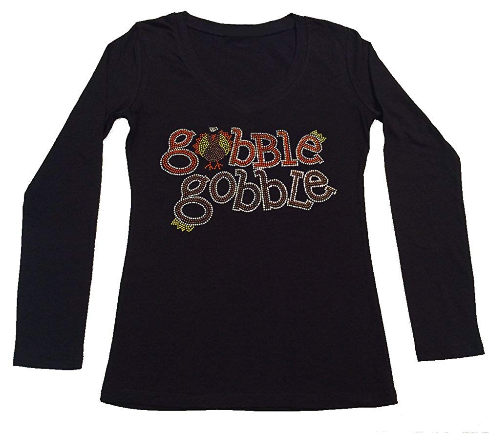 Womens T-shirt with Girl with Gobble Gobble Thanksgiving in Rhinestones
