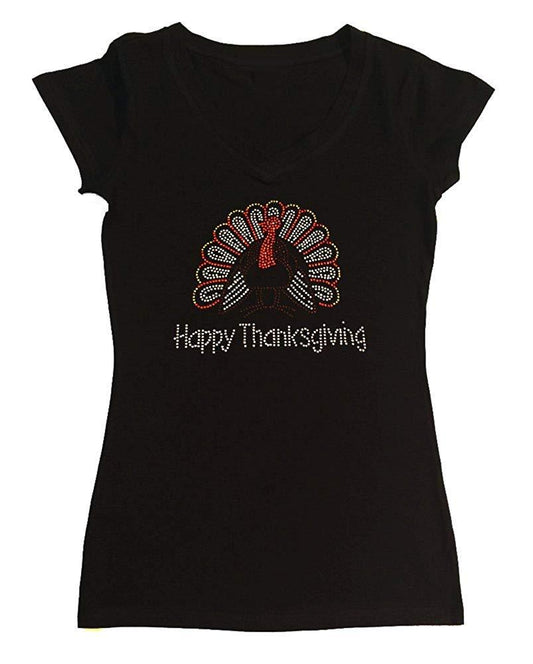 Womens T-shirt with Happy Thanksgiving with Turkey in Rhinestones