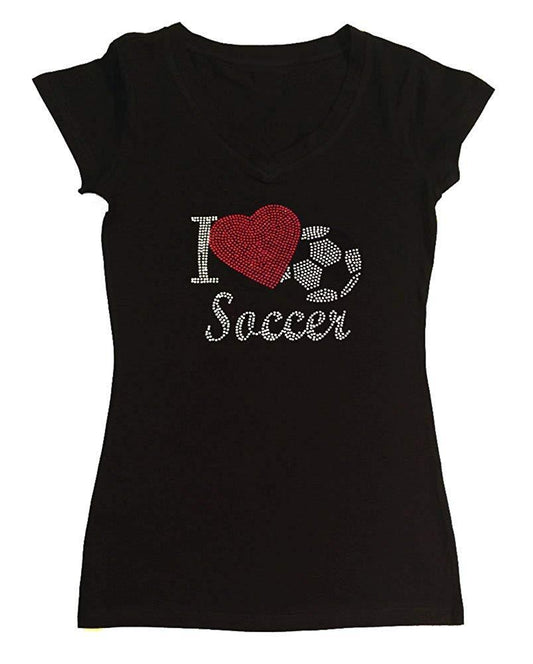 Womens T-shirt with I Love Soccer in Rhinestones