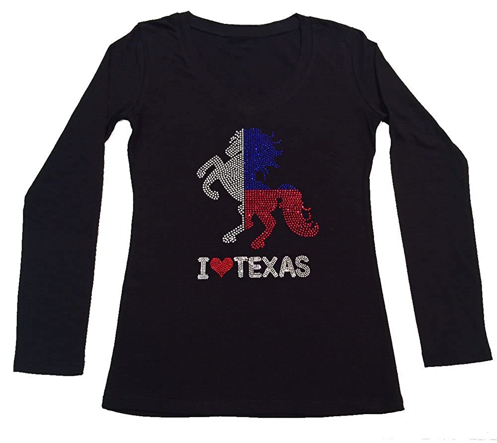 Womens T-shirt with I Love Texas with Horse in Rhinestones