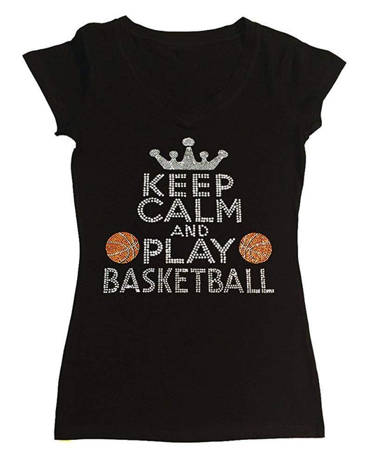 Womens T-shirt with Keep Calm and Play Basketball in Rhinestones