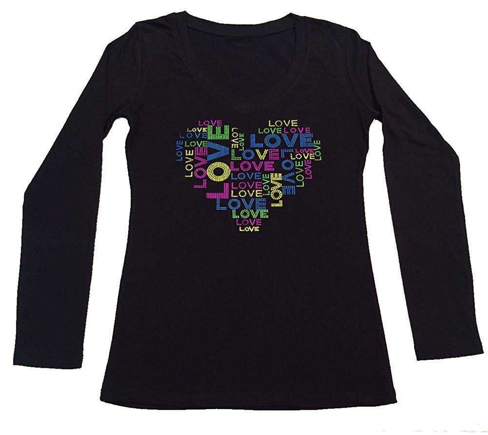 Womens T-shirt with Love Heart in Neon Rhinestuds