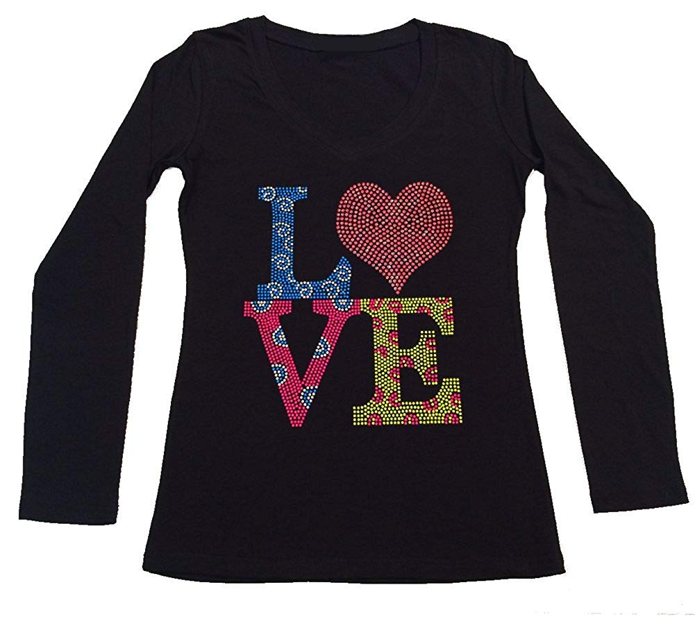 Womens T-shirt with Multi-Color Love in Rhinestones