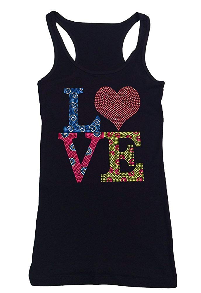 Womens T-shirt with Multi-Color Love in Rhinestones