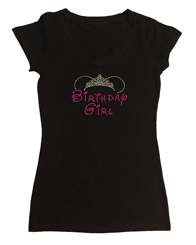 Womens T-shirt with Pink Birthday Girl with Tiara in Rhinestones