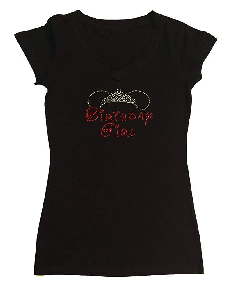 Womens T-shirt with Red Birthday Girl with Tiara in Rhinestones