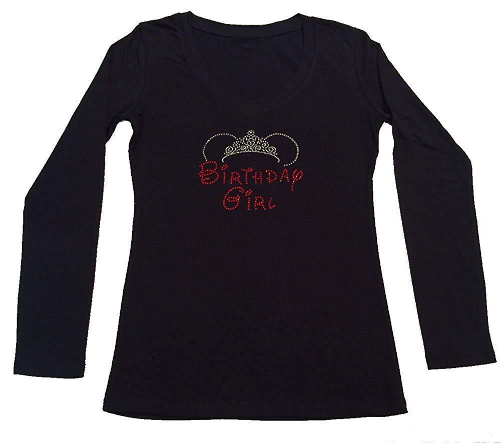 Womens T-shirt with Red Birthday Girl with Tiara in Rhinestones