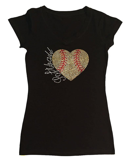 Womens T-shirt with Softball Heart in Sequence and Rhinestones