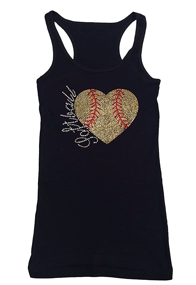 Womens T-shirt with Softball Heart in Sequence and Rhinestones