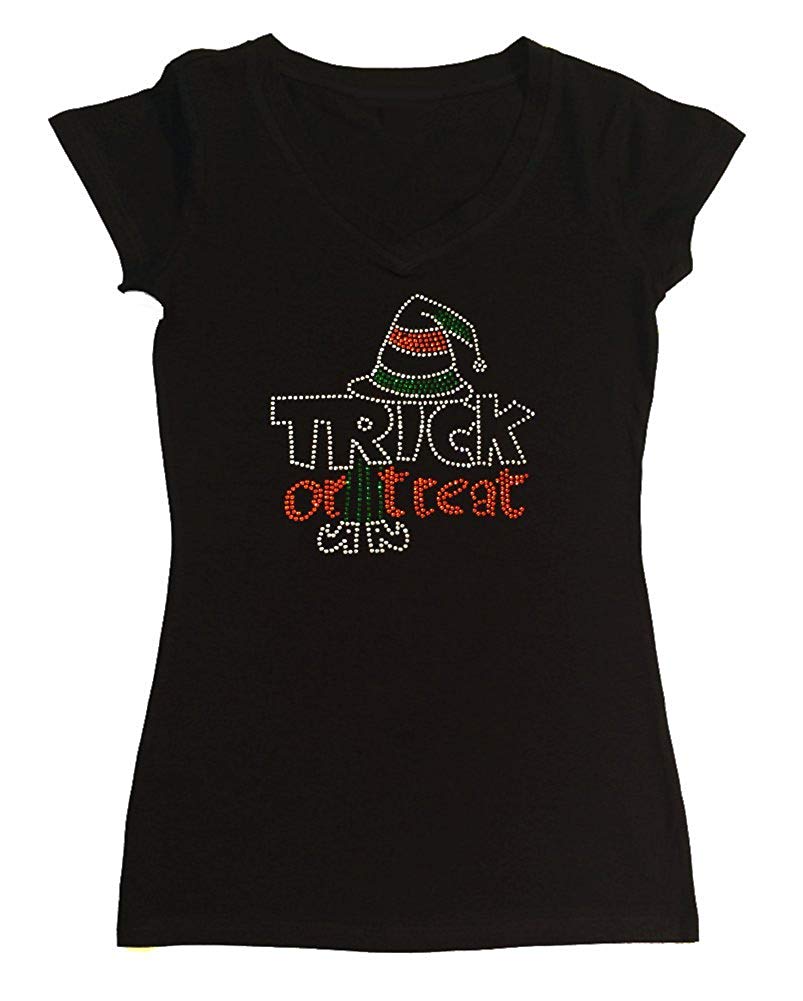 Womens T-shirt with Trick or Treat with Witch Hat in Rhinestones