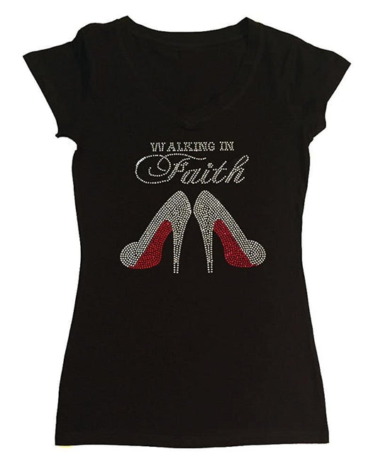 Womens T-shirt with Walk in Faith with Heels in Rhinestones