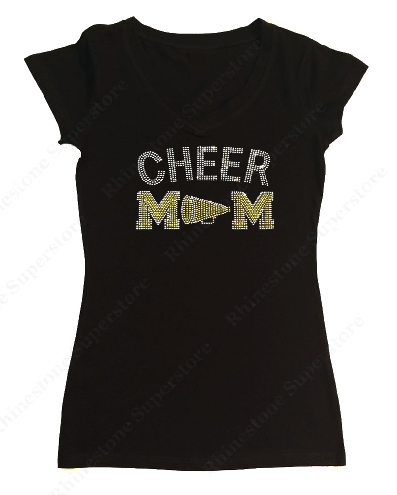 Womens T-shirt with Yellow Cheer Mom with Megaphone in Rhinestones