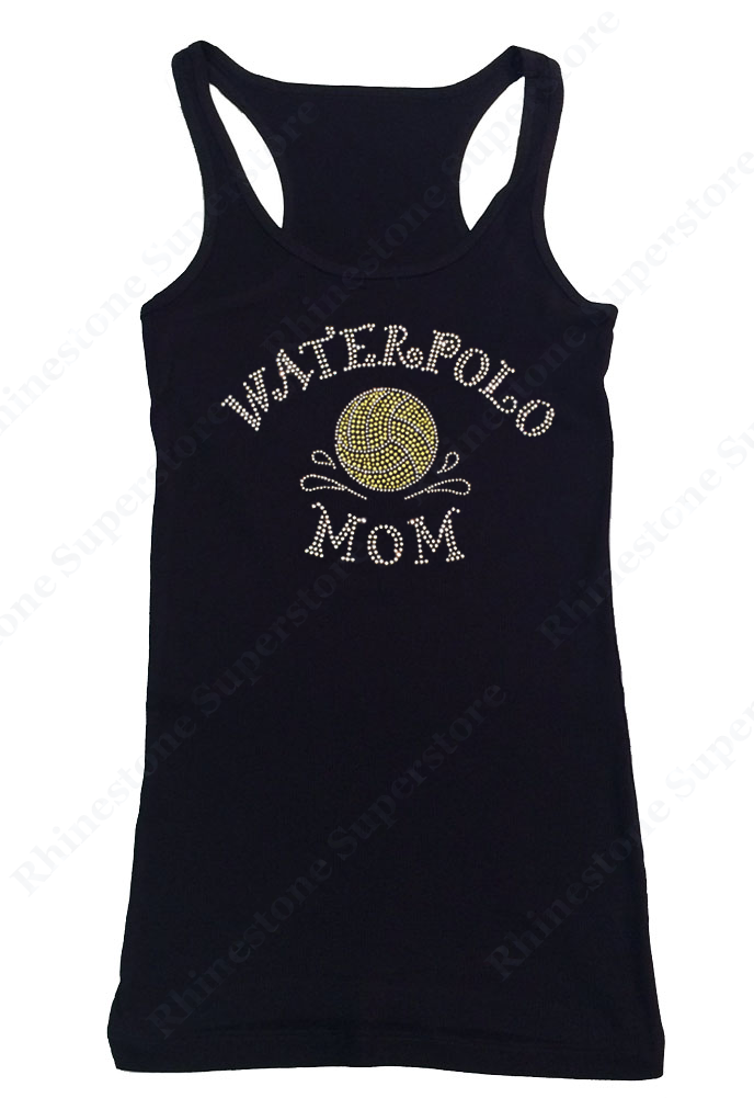 Womens T-shirt with Yellow Waterpolo Ball Mom in Rhinestones