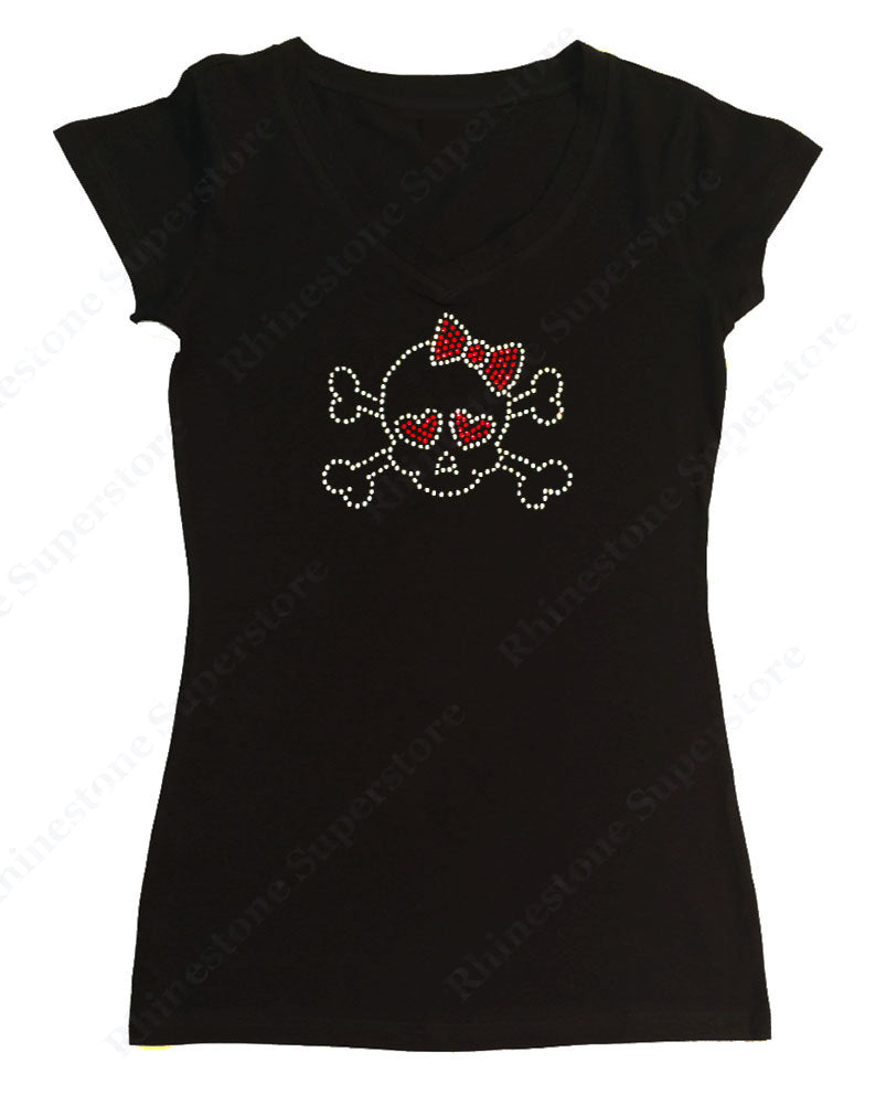 Womens T-shirt with Skull with Red Bow and Eyes in Rhinestones