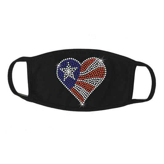 Rhinestone Embellished Black Face Mask with Heart American Flag, 100% Cotton 2 PLY, Washable, Made in the USA