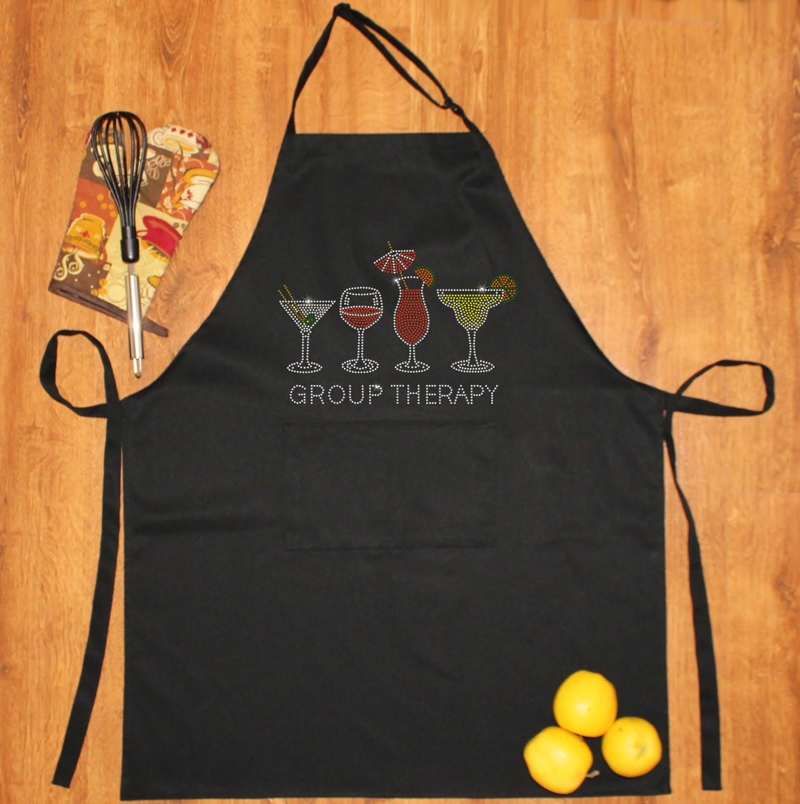 Rhinestone Embellished Black Apron with Group Therapy and Drink Glasses
