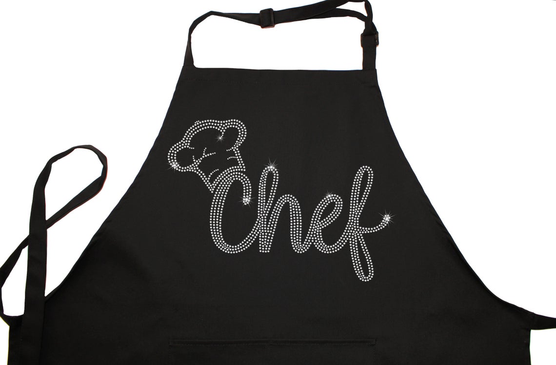 Rhinestone Embellished Black Apron with Chef and Hat in Crystal Rhinestones