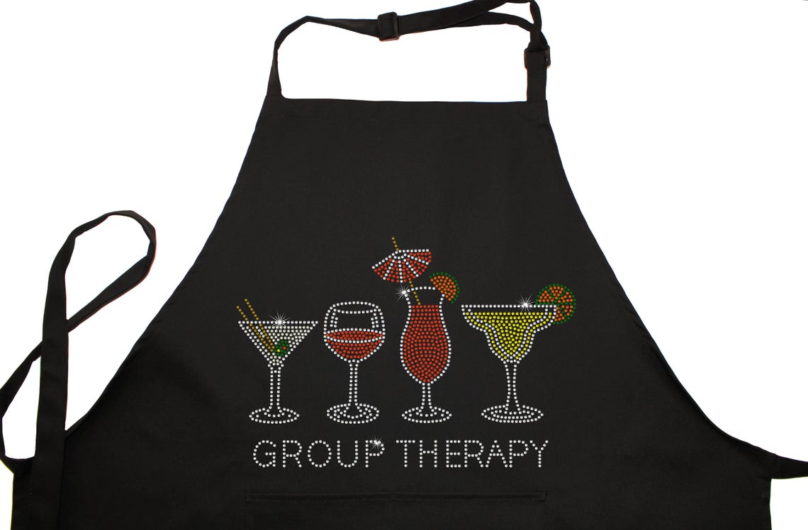 Rhinestone Embellished Black Apron with Group Therapy and Drink Glasses
