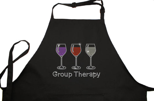 Rhinestone Embellished Black Apron with Group Therapy and 3 Drink Glasses