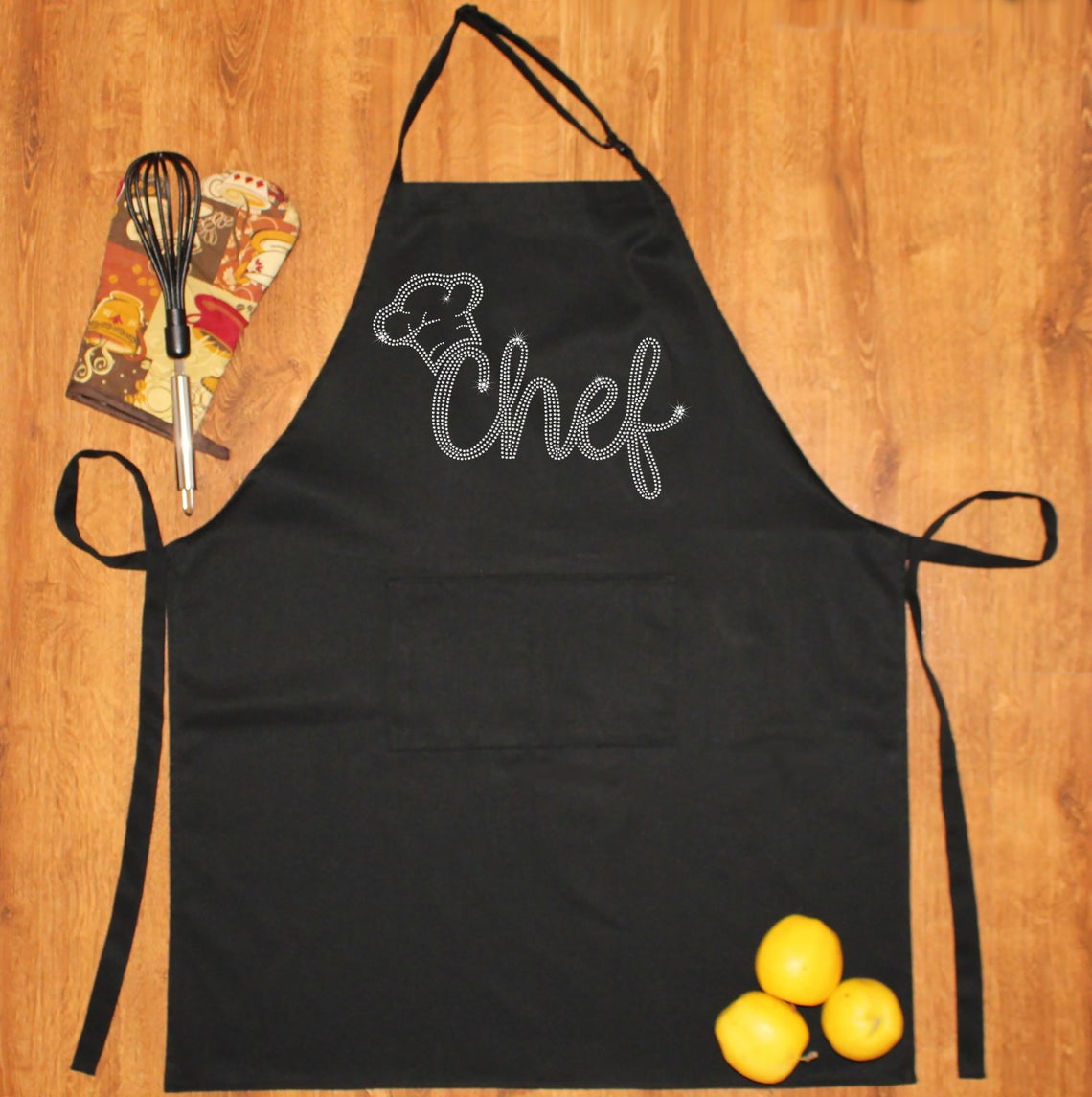 Rhinestone Embellished Black Apron with Chef and Hat in Crystal Rhinestones