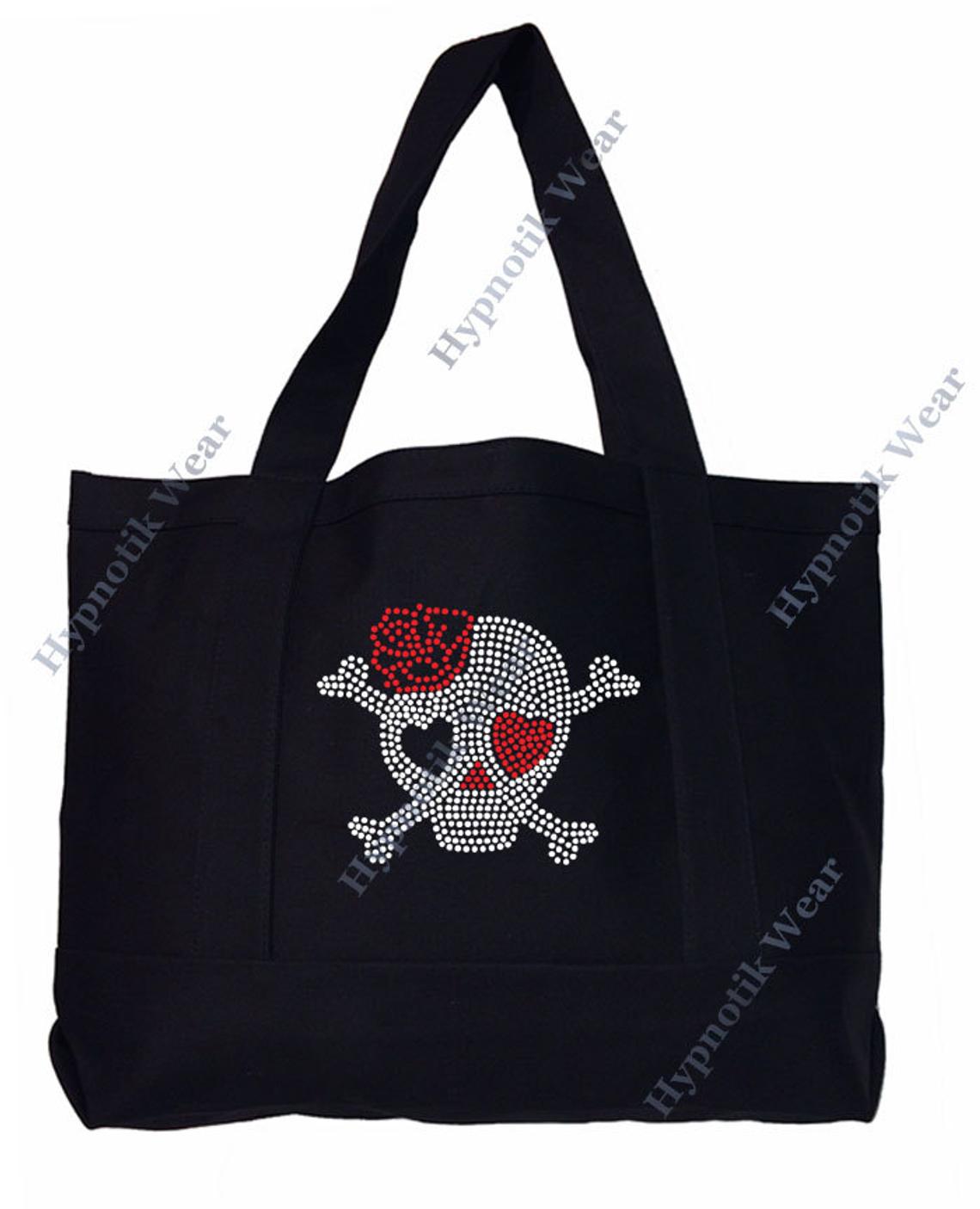 Rhinestone Sturdy Tote Bag with Zipper & Front Pocket " Skull with Rose " in Various Color, Bling
