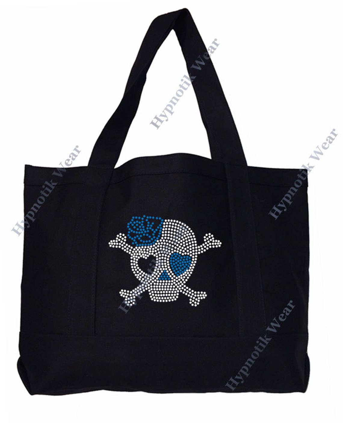Rhinestone Sturdy Tote Bag with Zipper & Front Pocket " Skull with Rose " in Various Color, Bling