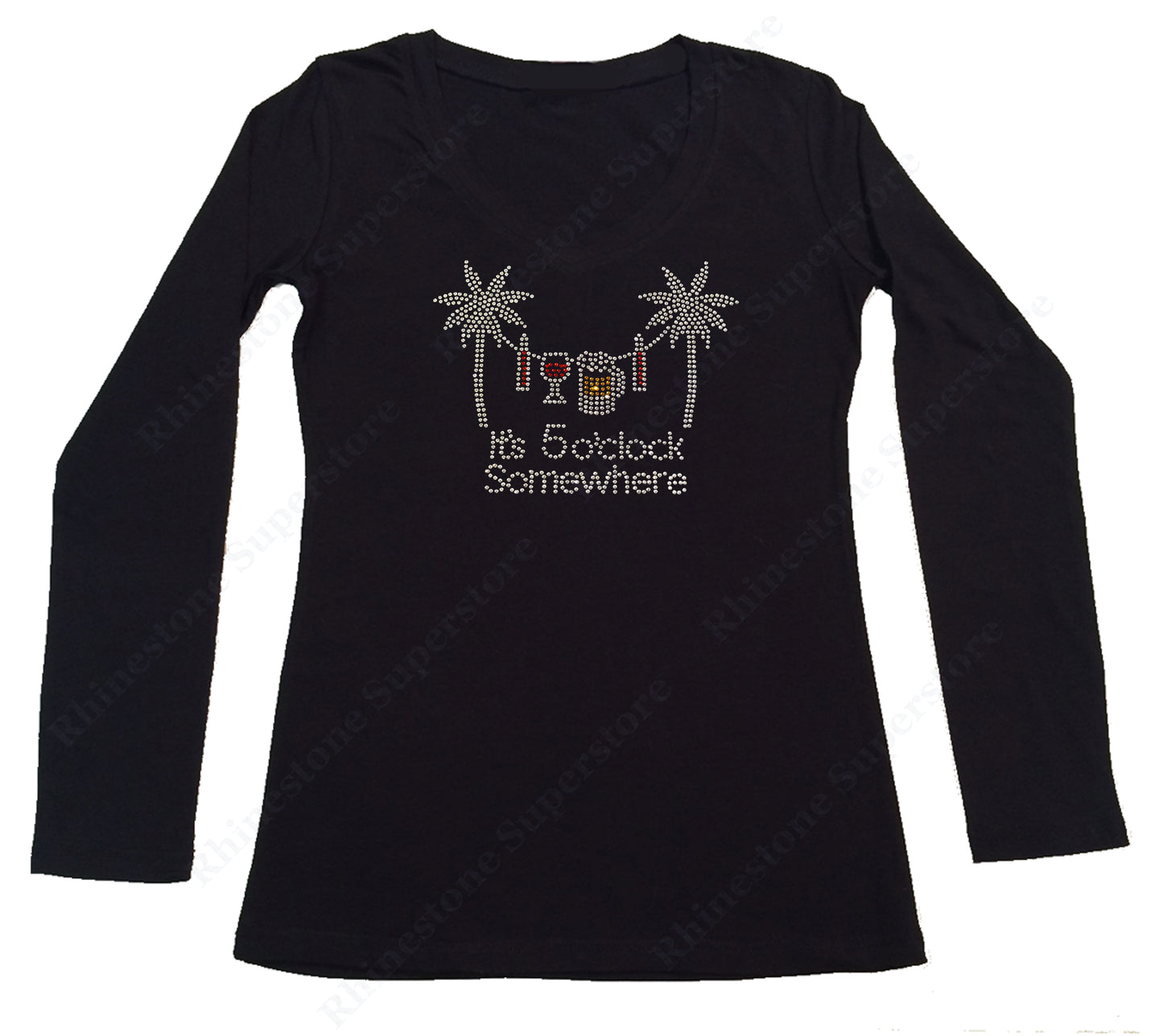 Womens T-shirt with it's 5 O'Clock Somewhere with Palms in Rhinestones