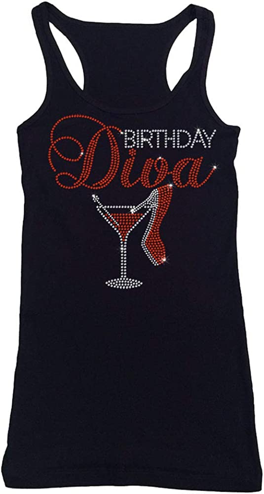 Women's Rhinestone Fitted Tight Snug Shirt Birthday Diva Heel and Martini