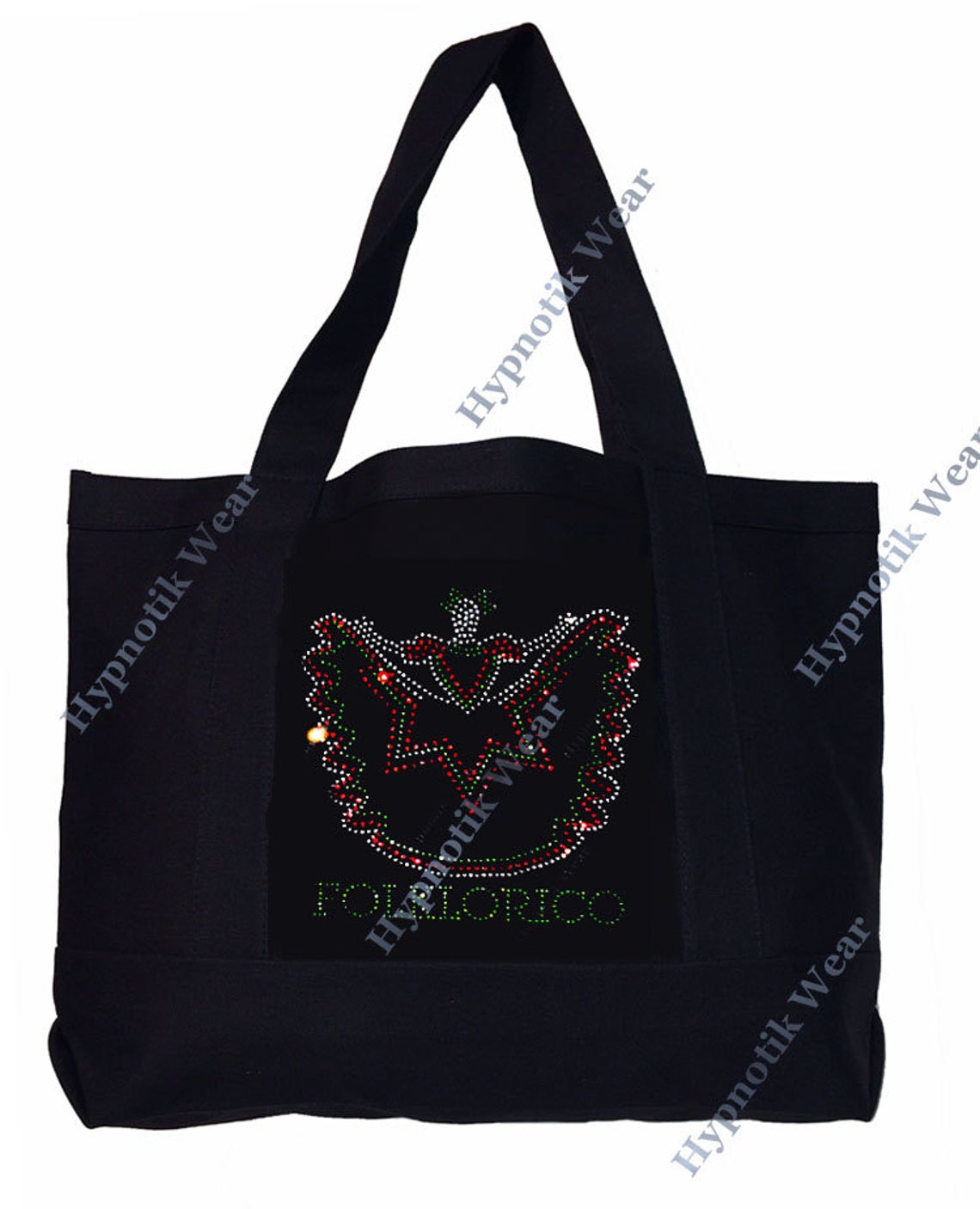 Rhinestone Sturdy Tote Bag with Zipper & Front Pocket " Folklorico Dancer " Iron On , Hot fix, Dance, Culture