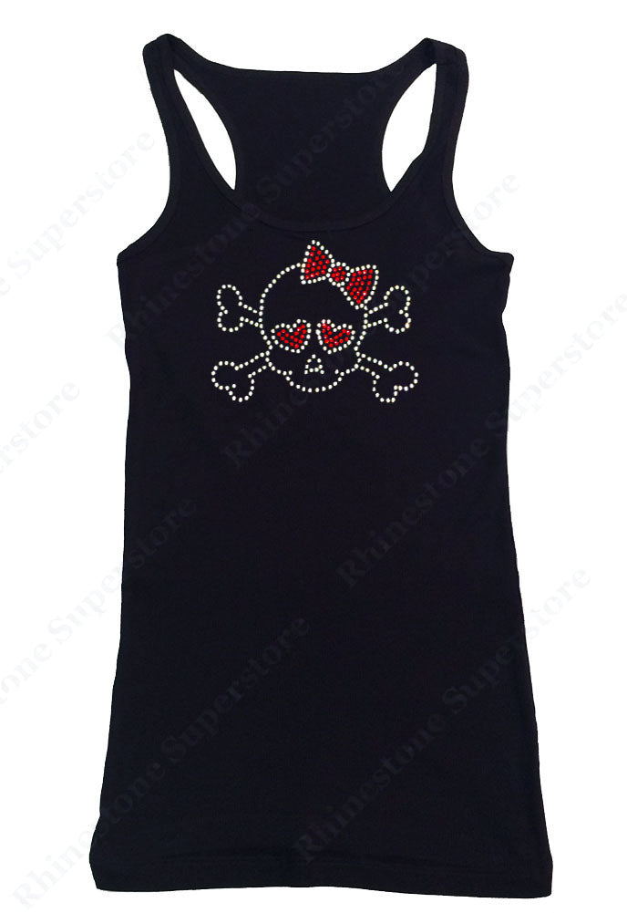 Womens T-shirt with Skull with Red Bow and Eyes in Rhinestones